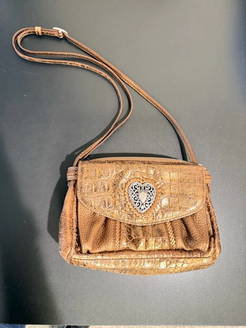 BRIGHTON Heraldic Heart Organizer Crossbody Bag with attached wallet, bronze
